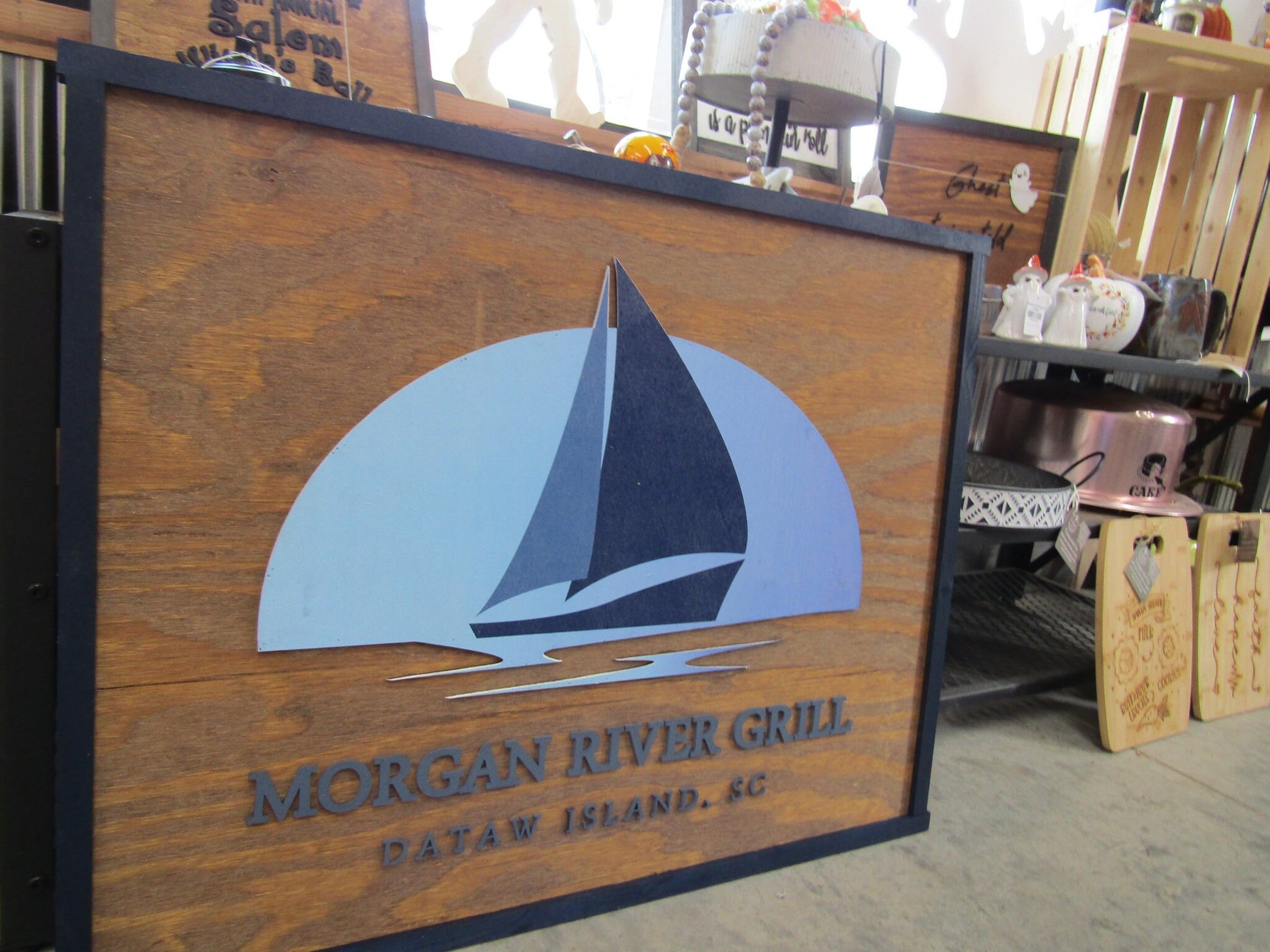 Bar and Grill River Food and Drink Eatery Sailboat Lake Life Commerical Signage Business Handmade Elevated Raised Lettering and Logo Custom