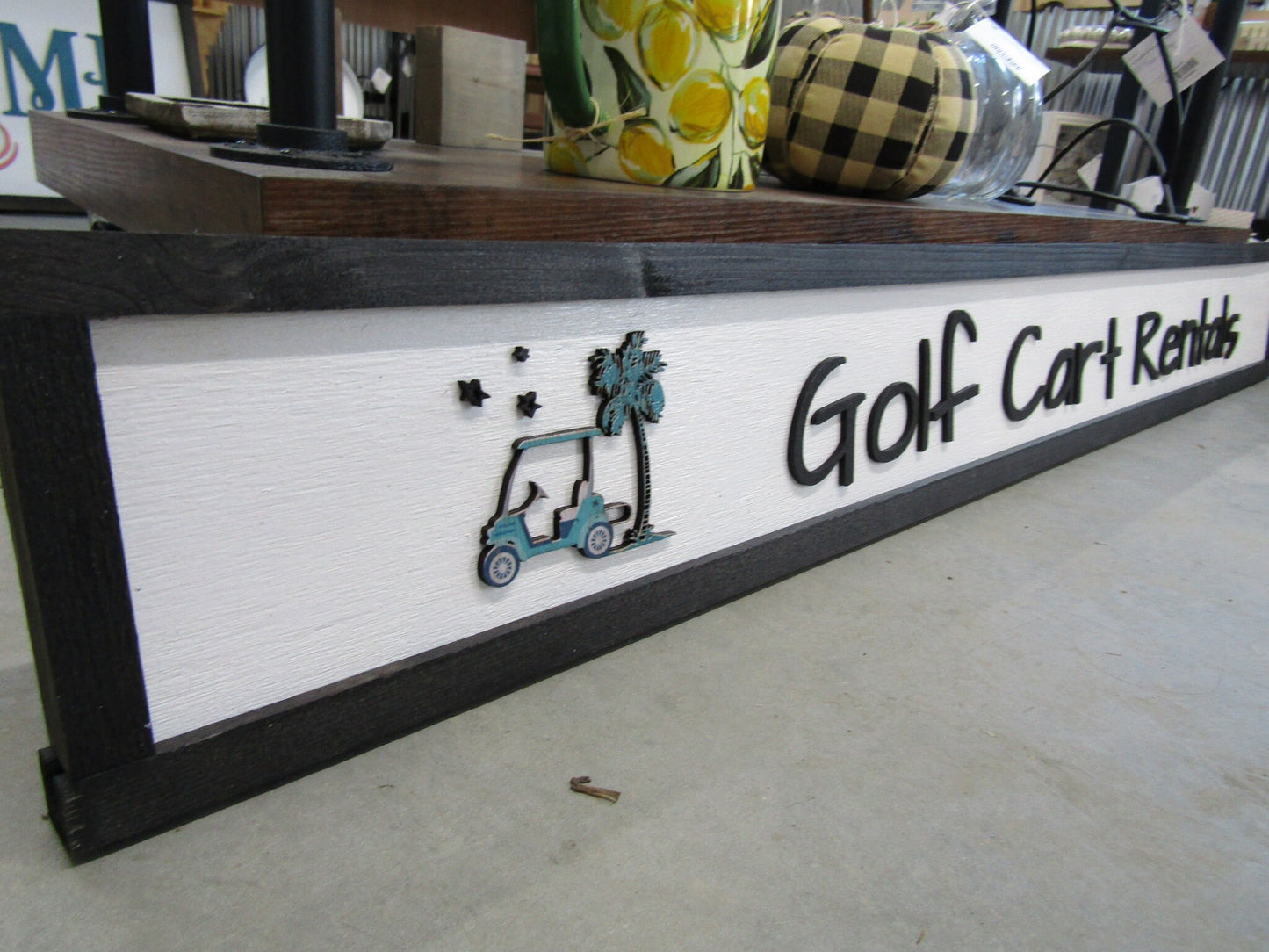 Long Horizontal Custom Sign Golf Course Cart Rental Signage Commerical Business Wooden Handmade Elevated Raised Letters Palm Tree Tee Time