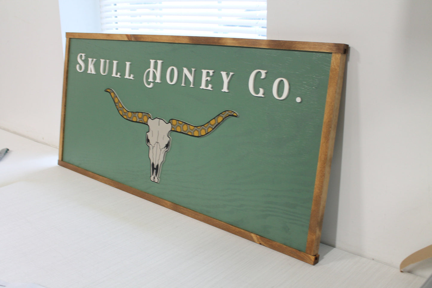 Custom Logo Skull Bull Honey Business Image Printed Raised Lettering Western Country Green Steer Wooden Handmade Decor Sign Boutique