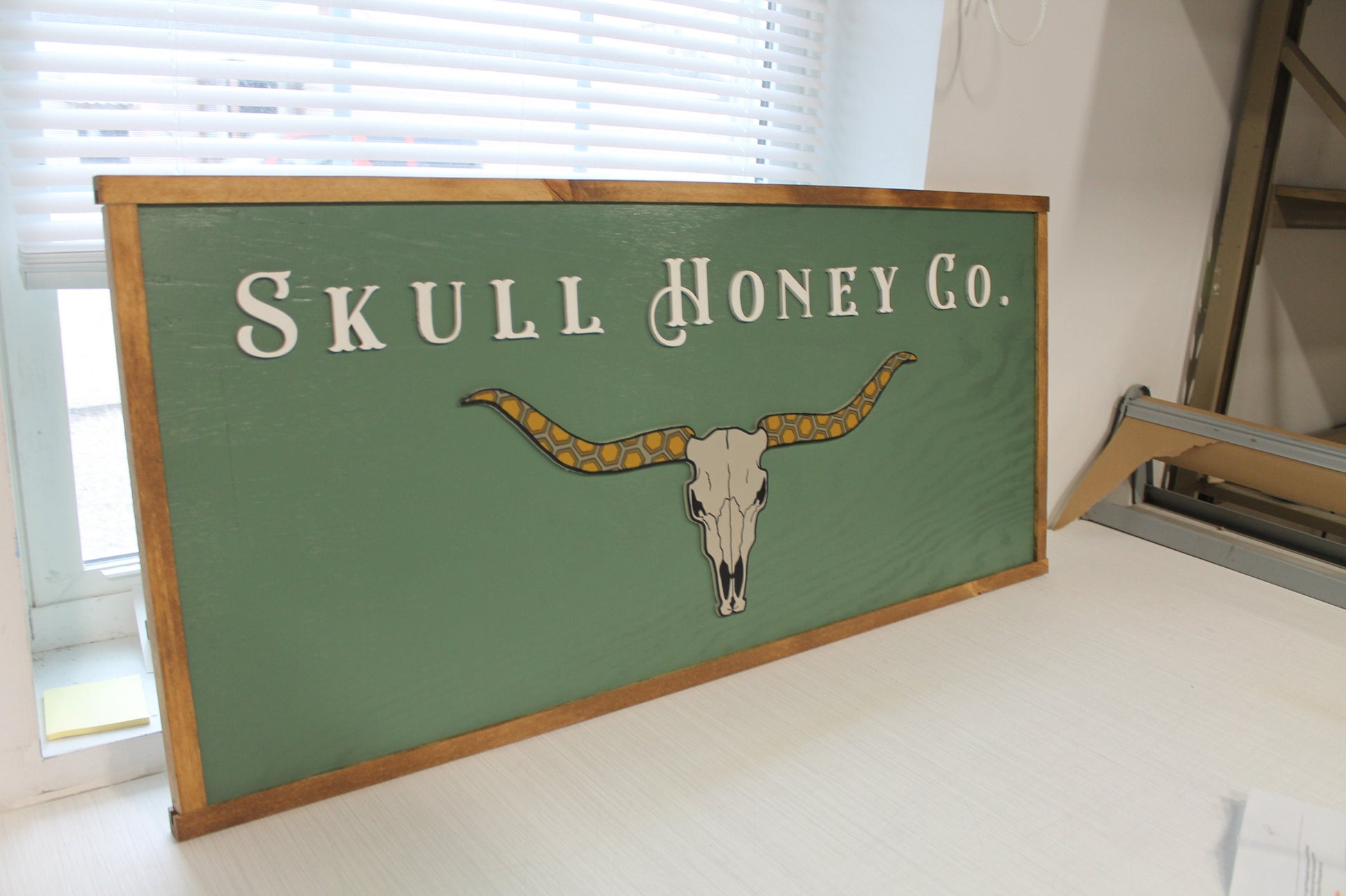 Custom Logo Skull Bull Honey Business Image Printed Raised Lettering Western Country Green Steer Wooden Handmade Decor Sign Boutique