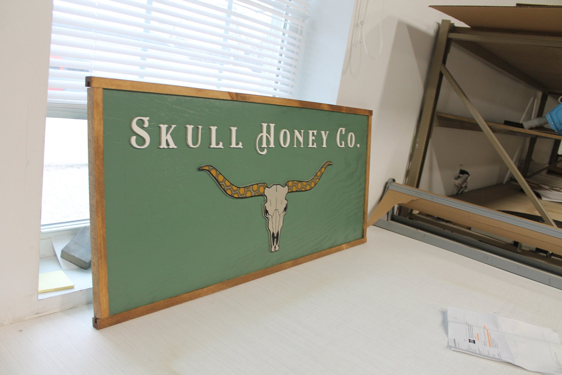 Custom Logo Skull Bull Honey Business Image Printed Raised Lettering Western Country Green Steer Wooden Handmade Decor Sign Boutique