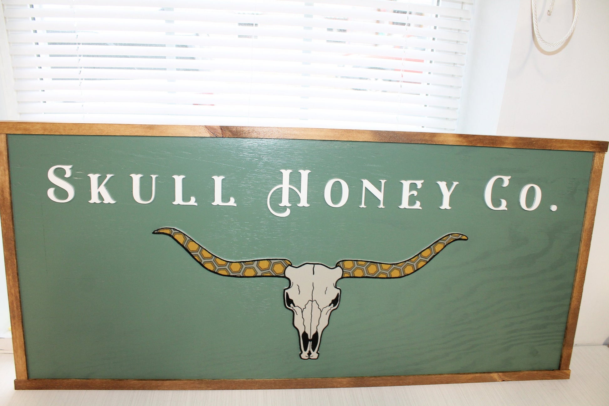 Custom Logo Skull Bull Honey Business Image Printed Raised Lettering Western Country Green Steer Wooden Handmade Decor Sign Boutique