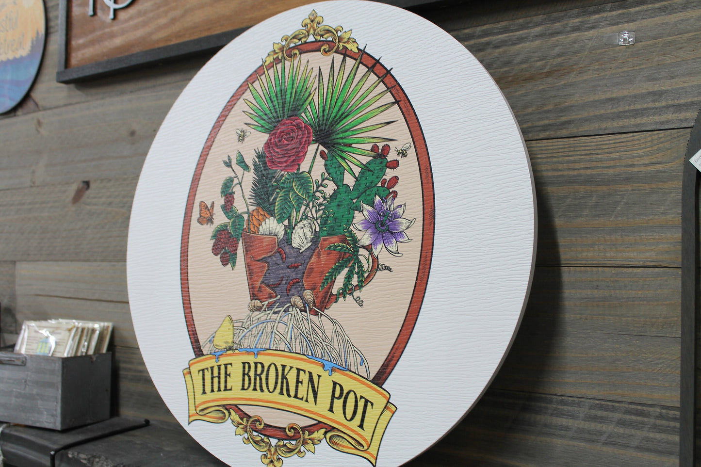 Personalized Waterproof Sign Colorful Broken Pot Garden Textured Round Circle Ready for your Business Logo Great for hanging or wall mounted