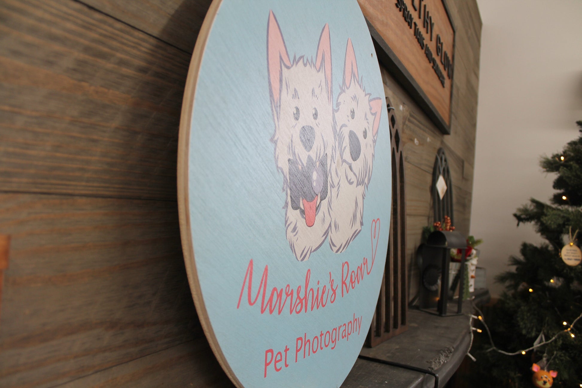 Small Business Sign Pet Photographer Dog Westie Logo Round Hanging Sign Design Booth Custom Circle Personalized Wall Art Color Wood Print