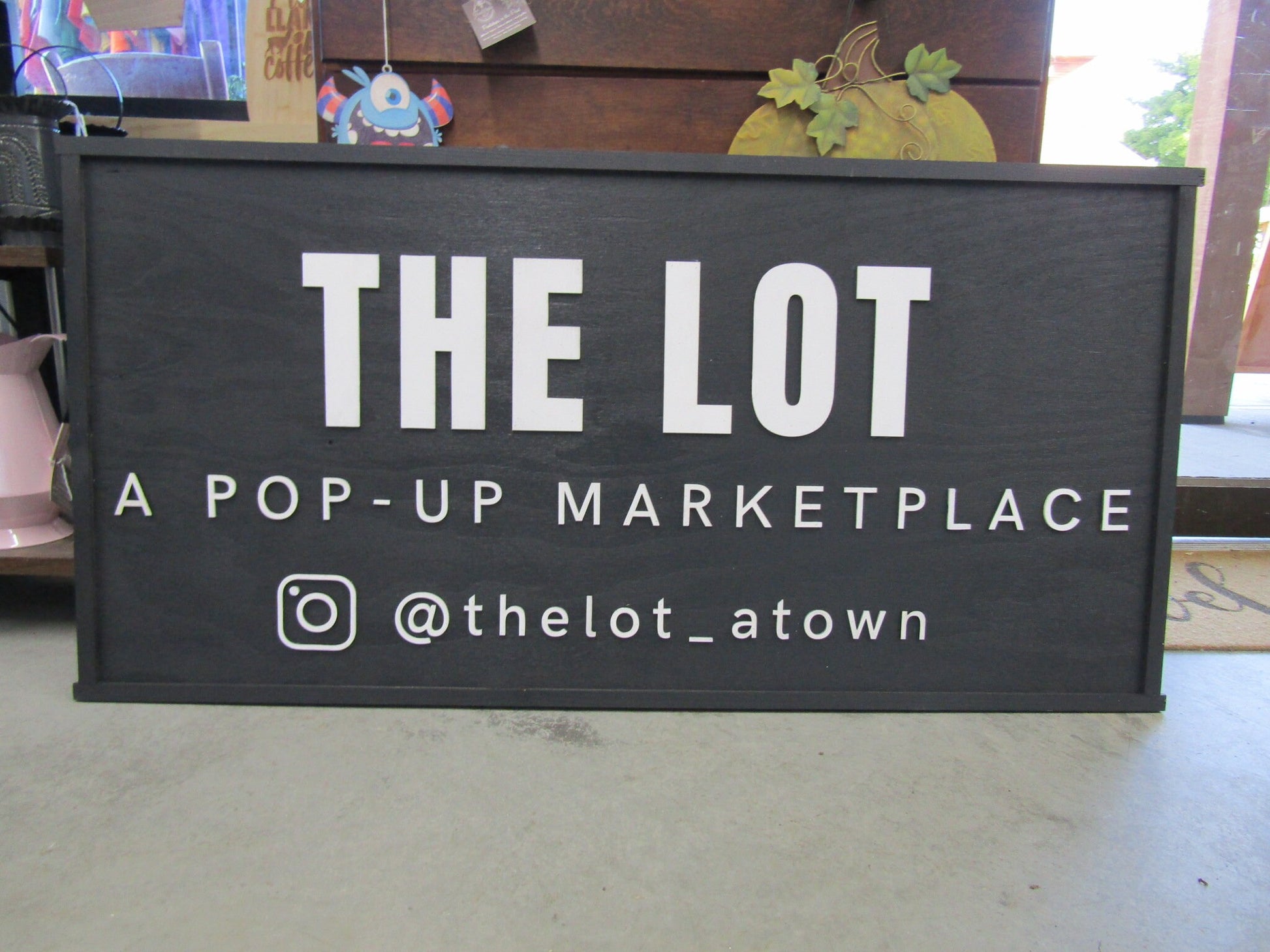 Custom Raised Pop Up Shop Marketplace Social Shoutout Personalized Text Image Business Sign 3D Rustic Primitive Black Oversized Large Sign
