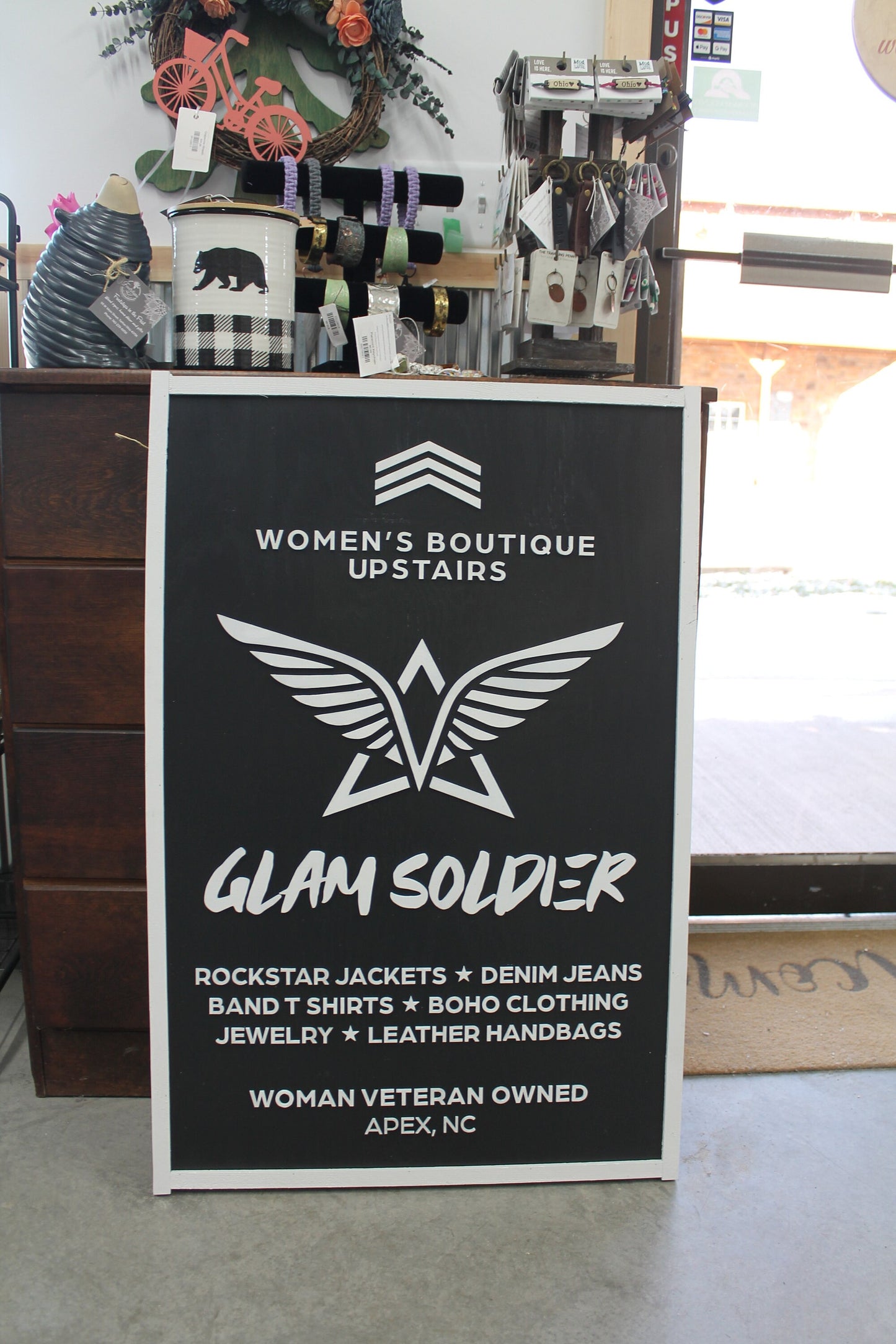 Personalized Womens Boutique Soldier Wooden Handmade Commerical Signage Elevated 3d text Black and white Customizable Logo Image Store Front