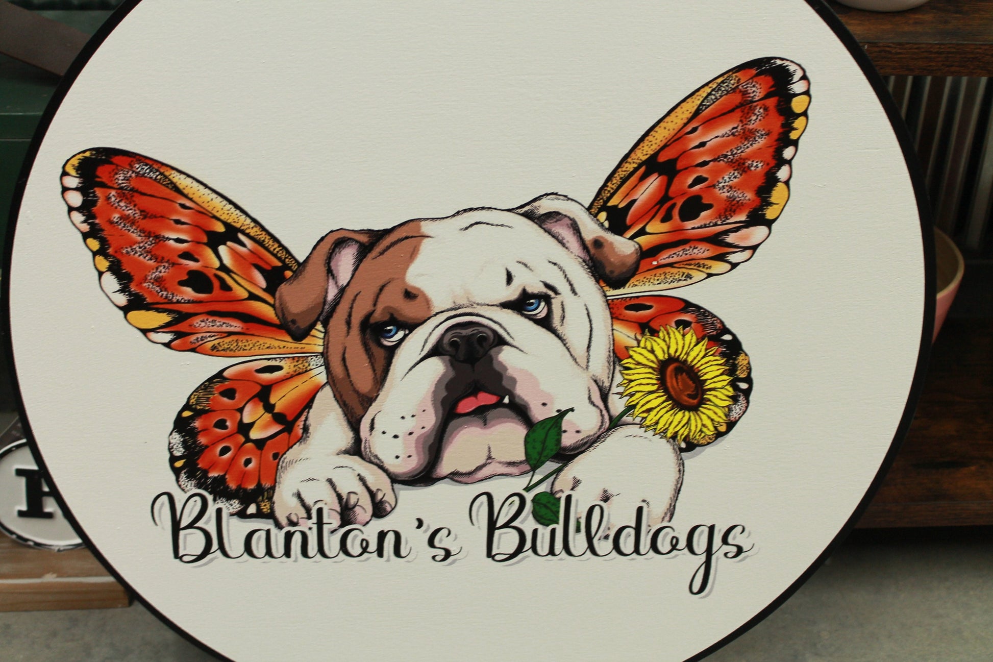 Bulldog Breeder Groomer Owner Butterfly Sign Logo Your Actual Logo Round Hanging Sign Booth Custom Circle Personalized Color Wood Print