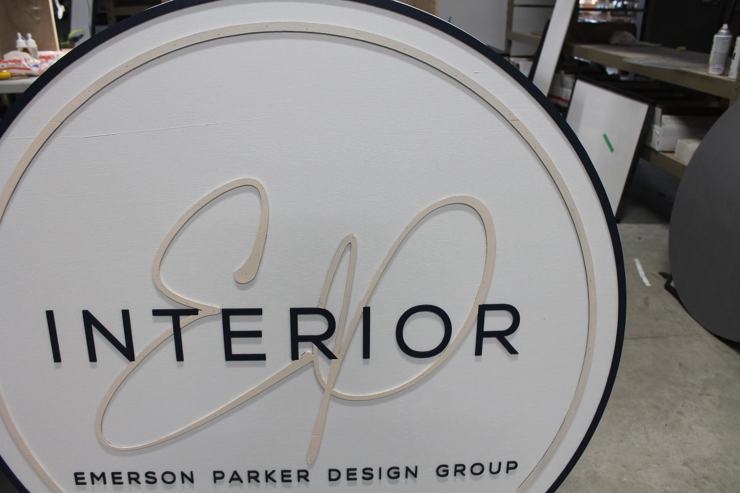 Custom Sign Round Business Interior Designer Group Commerical Signage Made to Order Logo Circle Wooden Handmade Raised Text Home Minimalist