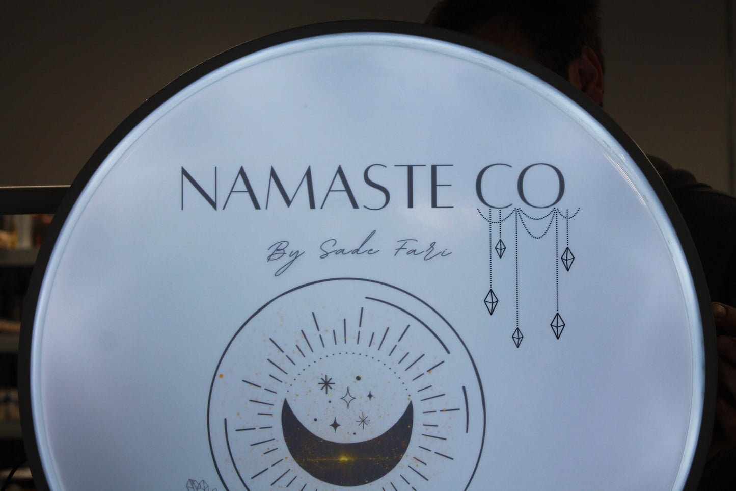 Custom Outdoor Namaste Crystals Boho Round Led Light Sign Wall or Ceiling Mounted Circle Light Sign Store Front Commerical Signage Logo