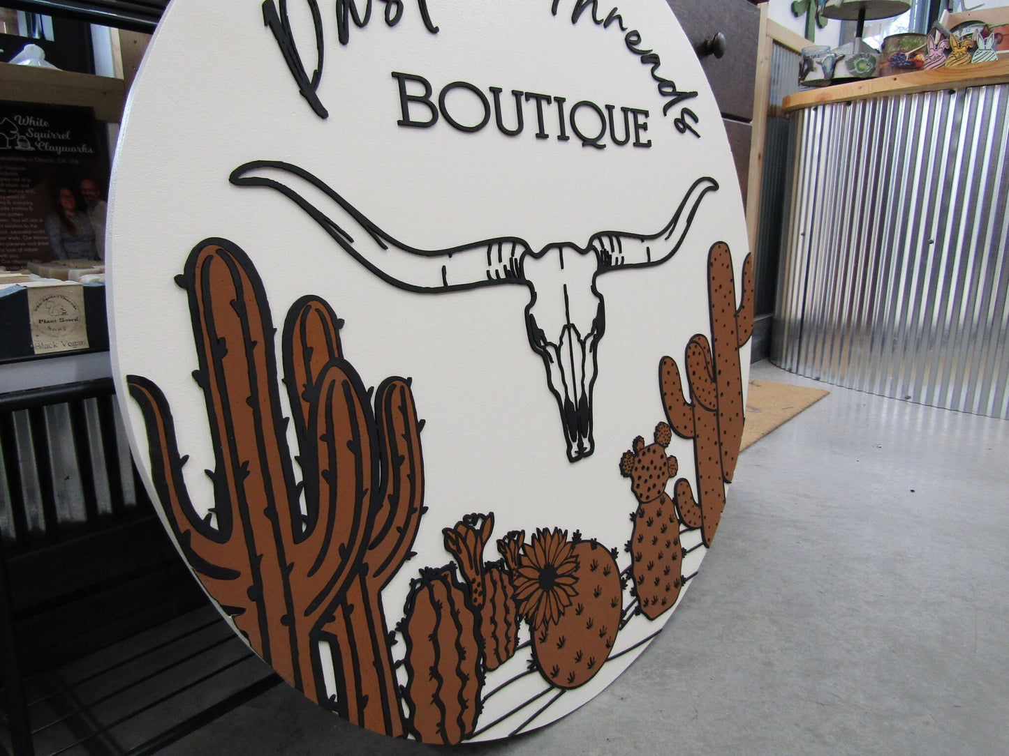 Custom Boutique Logo Sign Commerical Signage Longhorn Desert Steer Cactus Cacti Skull Rustic Look 3D Raised Elevated Round Circle Storefront