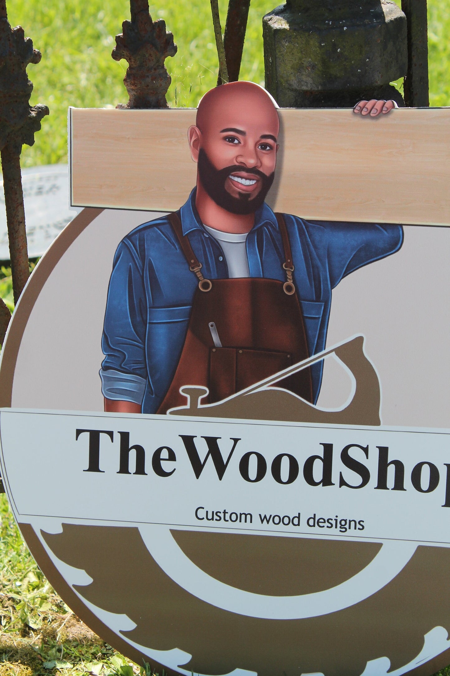 Woodshop Character Personalized Waterproof Sign Contoured Smooth Round Outdoor Ready for Business Logo Great for hanging or wall mounted
