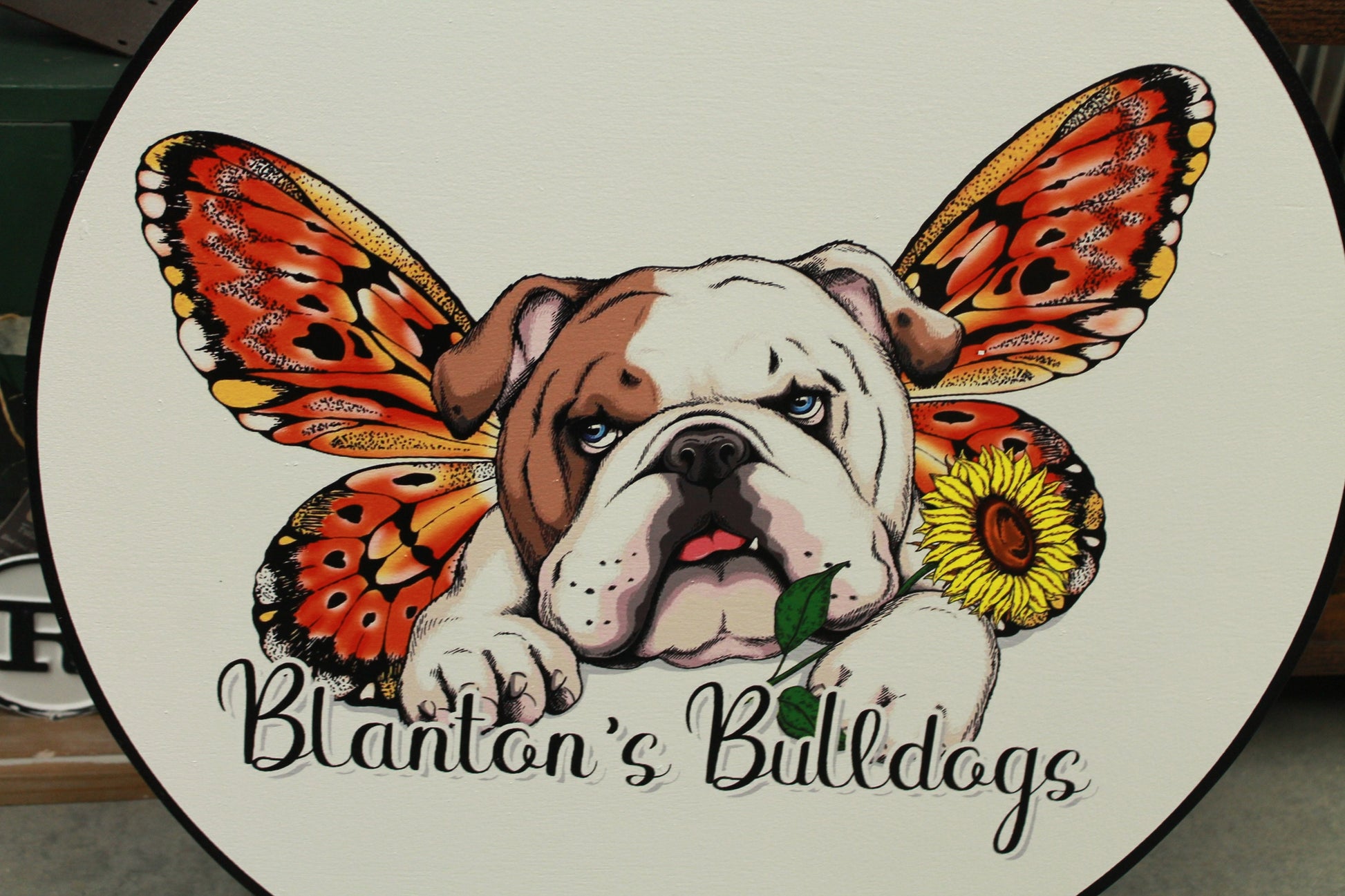 Bulldog Breeder Groomer Owner Butterfly Sign Logo Your Actual Logo Round Hanging Sign Booth Custom Circle Personalized Color Wood Print