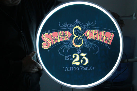 Custom Outdoor Tattoo Parlor Crow Round Led Light Blade Sign Wall or Ceiling Mounted Circle Light Sign Store Front Commerical Signage Logo
