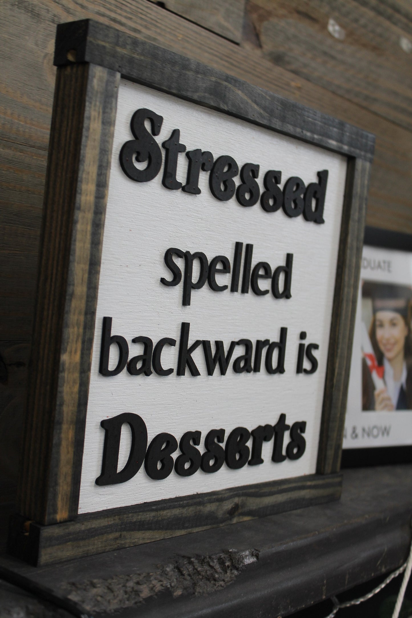 Stressed Humor Desserts Spelled Backwards Funny Bakery Baking Foodie Handmade Decor Home Decor Kitchen Wooden Raised Sign Lifted Framed