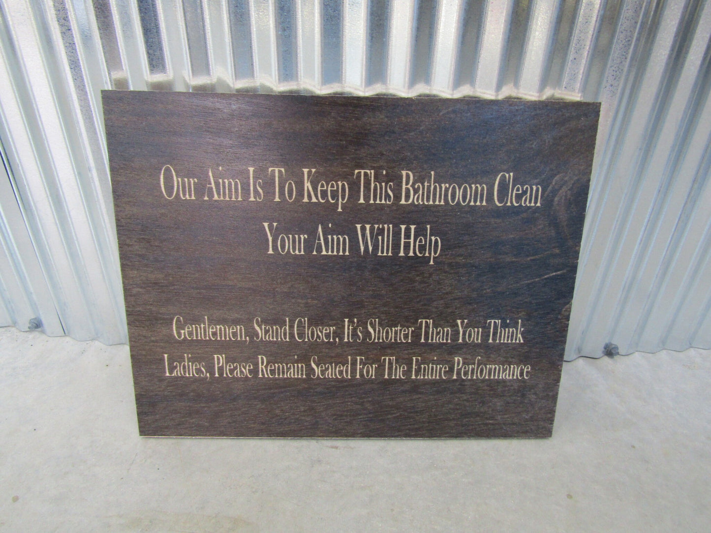 Bathroom Business Sign Uv Printed Square Aim for Clean Funny Please Stay Seated Brown Stained Commerical Bathroom Signage
