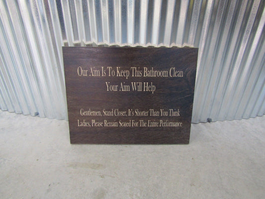 Bathroom Business Sign Uv Printed Square Aim for Clean Funny Please Stay Seated Brown Stained Commerical Bathroom Signage