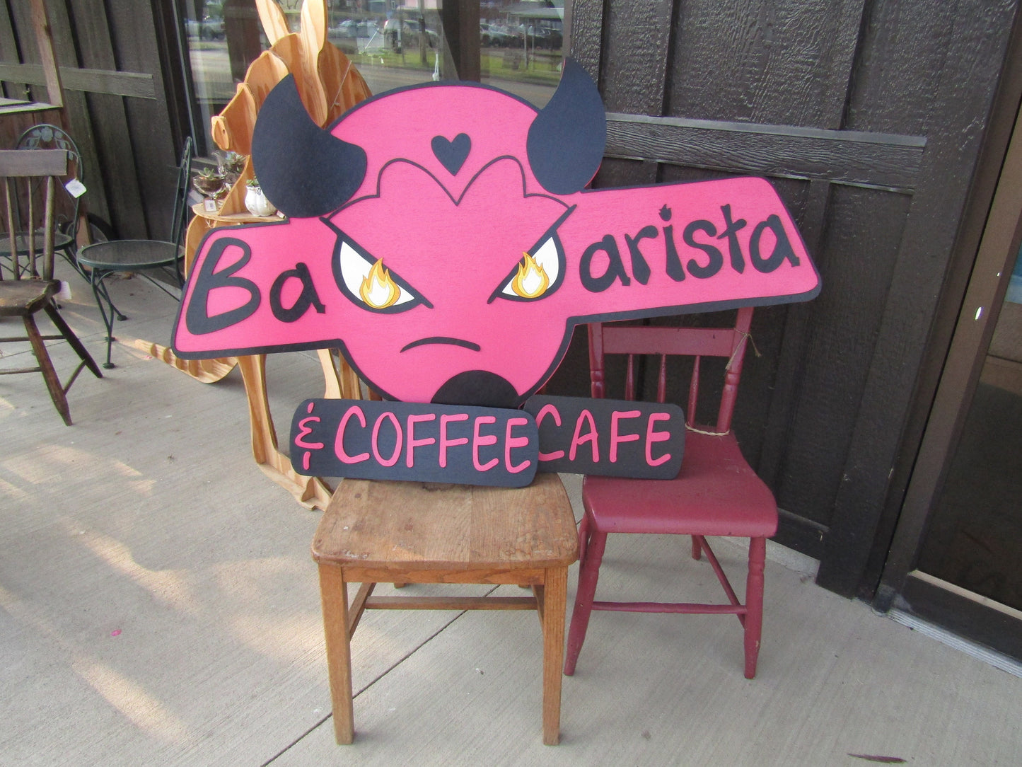 Custom Barista Cafe and Coffee Shop Pink Commerical Signage Handmade 3d Contoured Sign Your Logo Business Devil Retro Wooden Sign