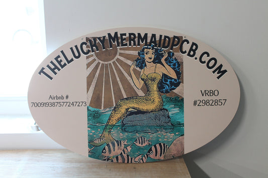 Custom Oval Sign PVC Smooth Weatherproof Water Proof Mold resistant UV ink Printed Mermaid BNB Address Commerical signage Outdoor