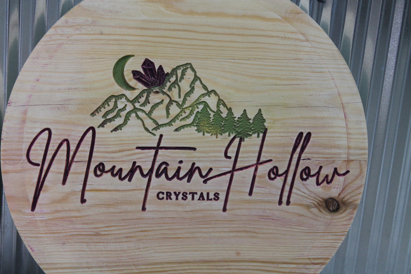 Custom Routed Engraved Color Filled Crystal Earthy Healing Mountain Trees Moon Business logo Sign Outdoor Personalized Natural Adventure