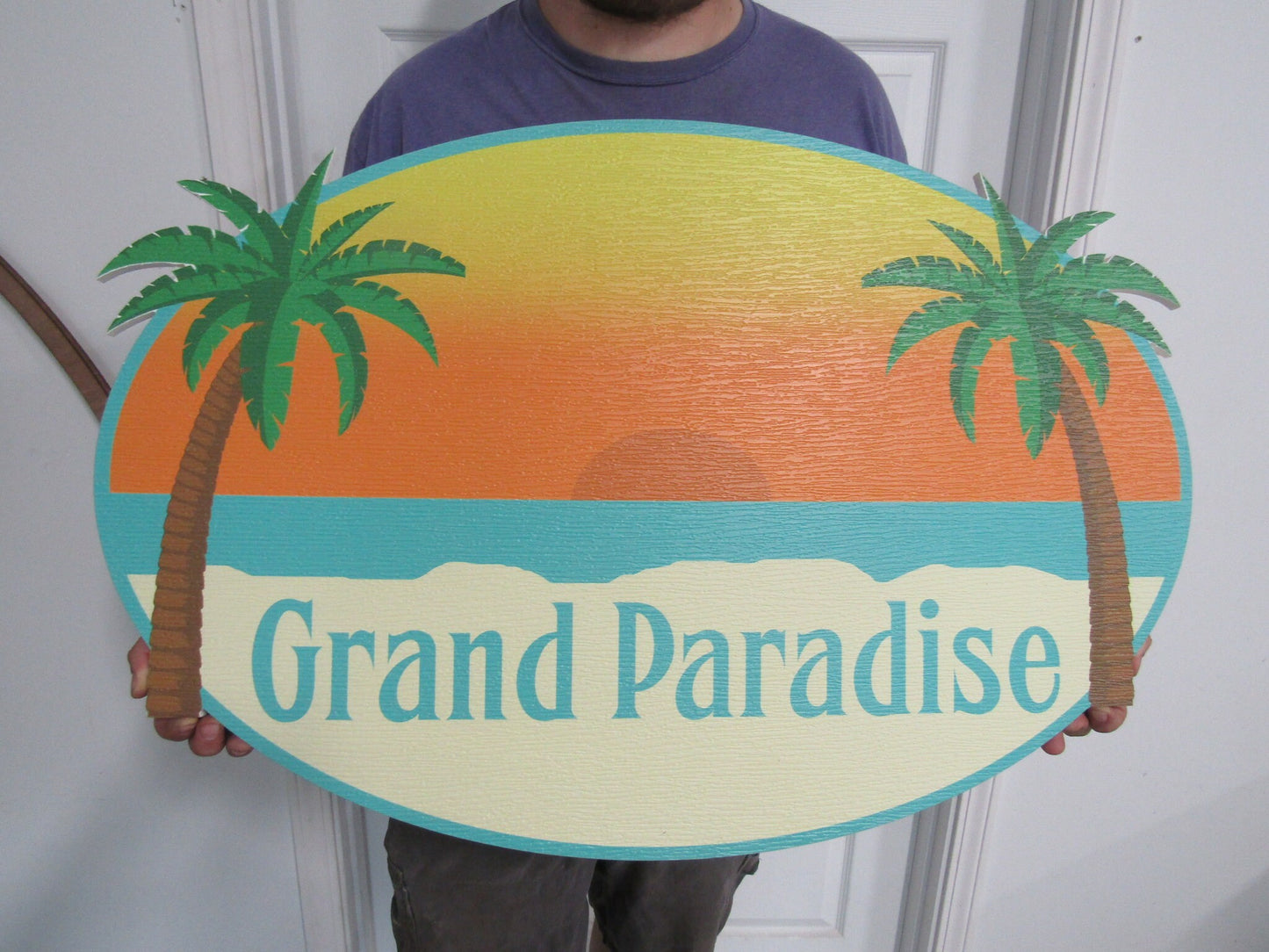 Oval Beach House Palm Contour Custom Made Sign Your Logo PVC All Weather Sturdy Outdoor Fade Mold Resistant Personalized UV Printed Color