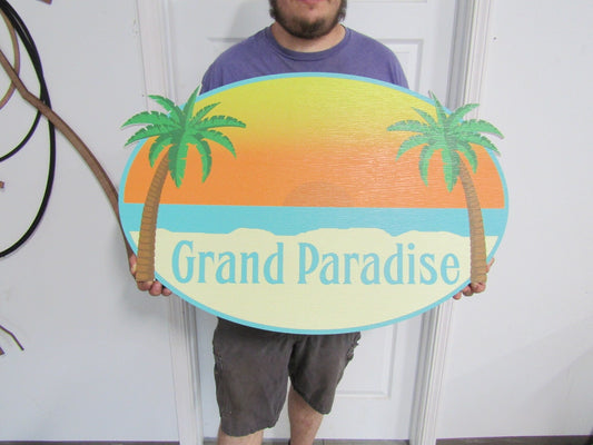 Oval Beach House Palm Contour Custom Made Sign Your Logo PVC All Weather Sturdy Outdoor Fade Mold Resistant Personalized UV Printed Color