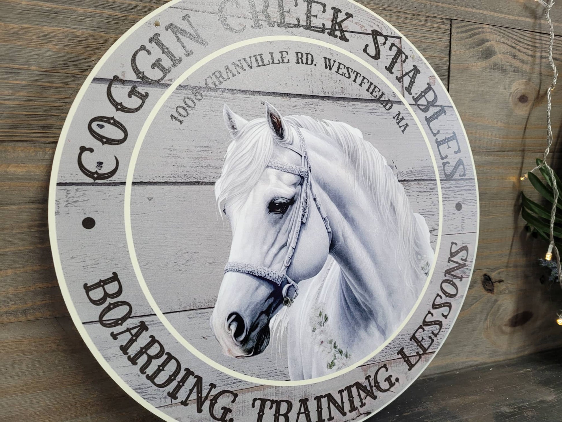Horse Stable Riding Lessons Sign Address PVC Textured Round Woodgrain Printed Weather Fade Proof Resistant Heavy Duty Custom Personalized