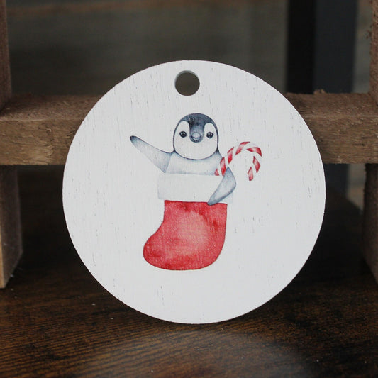Hello Penguin Stocking Candy Cane Happy Christmas Festive Waving Ornament Decoration White Painted Uv Printed Image Red Holidays
