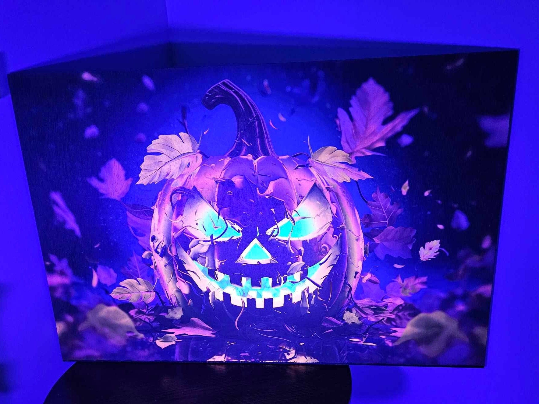Pumpkin Jack o Lantern Fluorescent Black Light Halloween Autumn Spooky Fall Ultraviolet Putt Putt Haunted House Gamer Funhouse Decor Printed