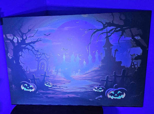 Grave Yard Bat Tombstones Fluorescent Black Light Halloween Autumn Spooky Fall Ultraviolet Putt Putt Haunted House Gamer Funhouse Printed