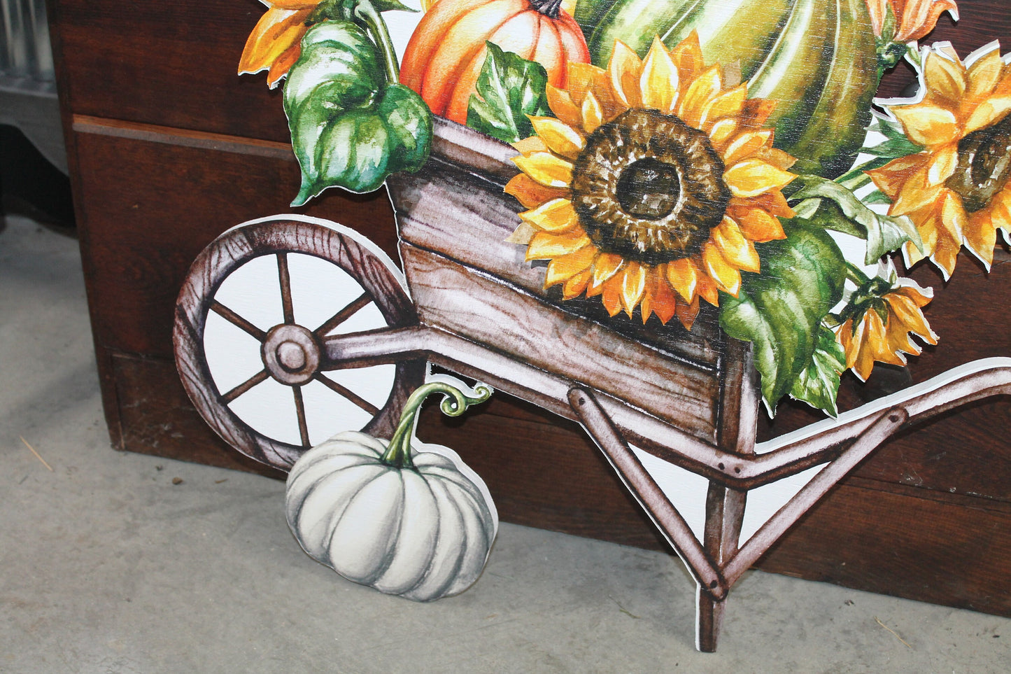 Harvest Pumpkin Porch Decor Farmstand Sunflower Cart Gift Gourd Fall Autumn Wheel Barrel Printed Flower Bed Decoration Orange Green Rustic