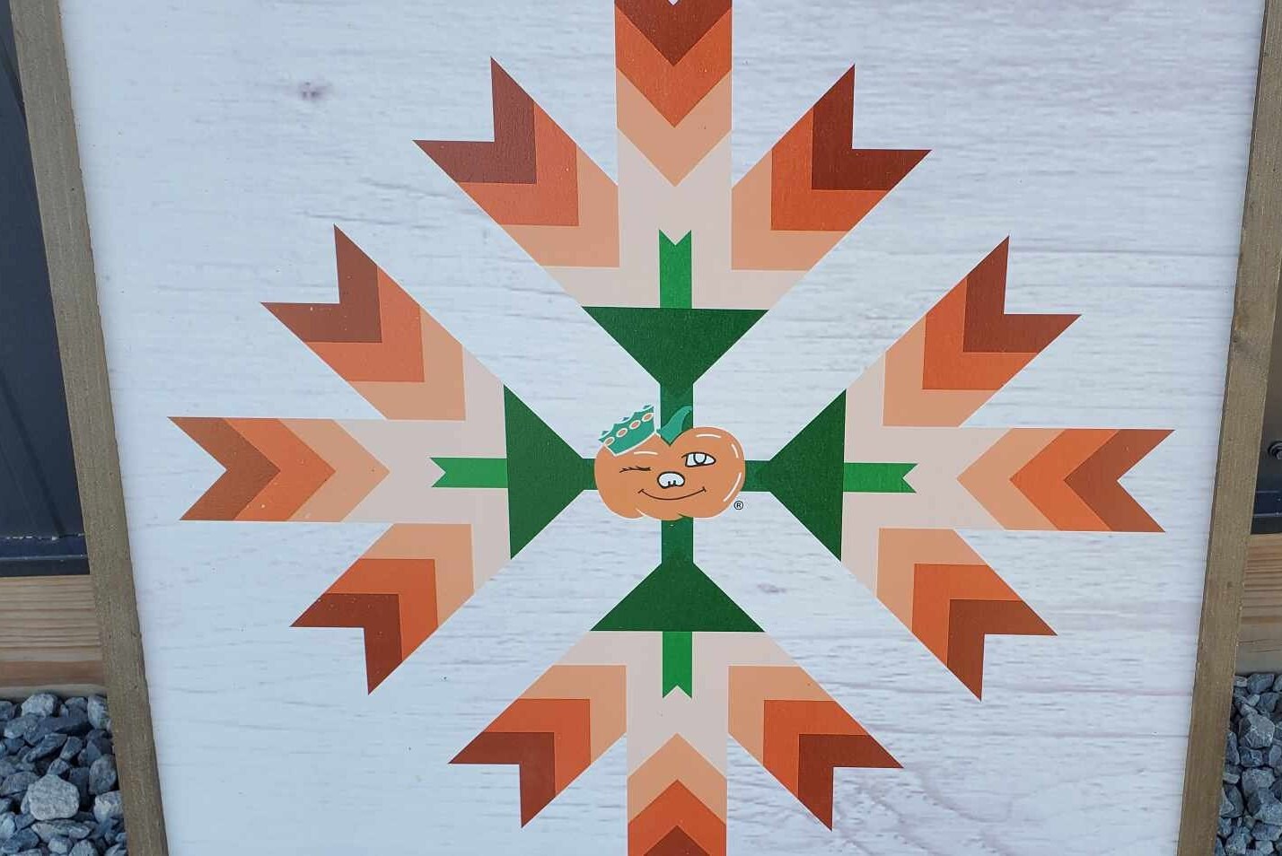 Winky Pumpkin Ohio Gourd Small Town Barn Quilt Mascot Farm Decor Orange and Green White Wash Made Wood Outdoor Hang in Garden Star Flower
