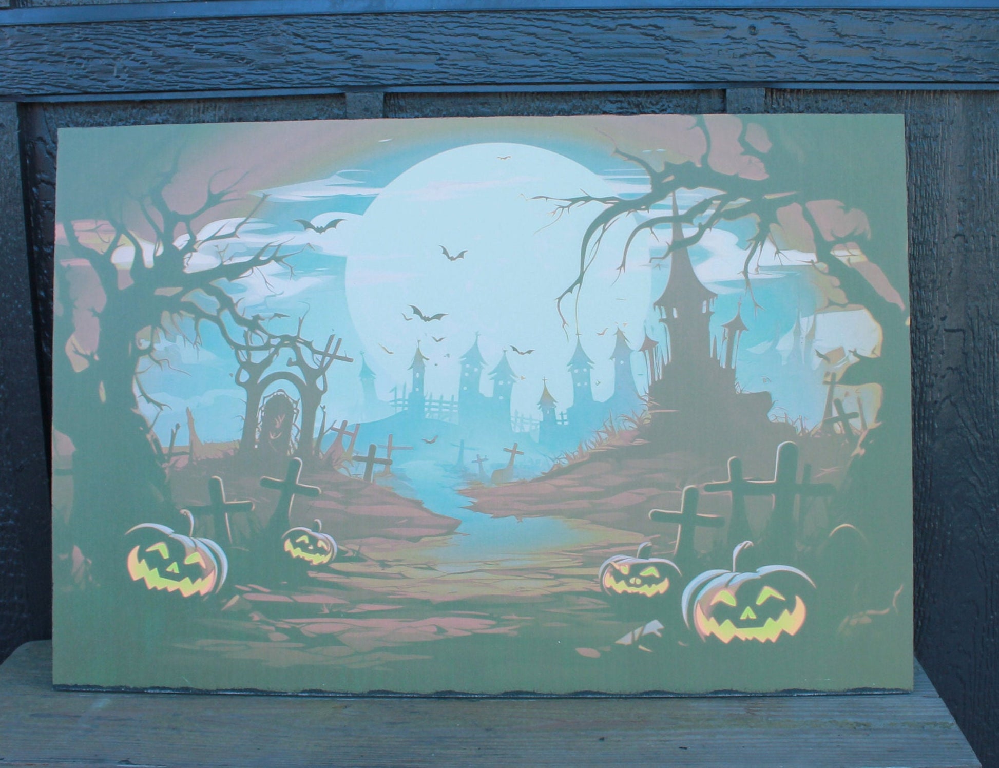 Grave Yard Bat Tombstones Fluorescent Black Light Halloween Autumn Spooky Fall Ultraviolet Putt Putt Haunted House Gamer Funhouse Printed