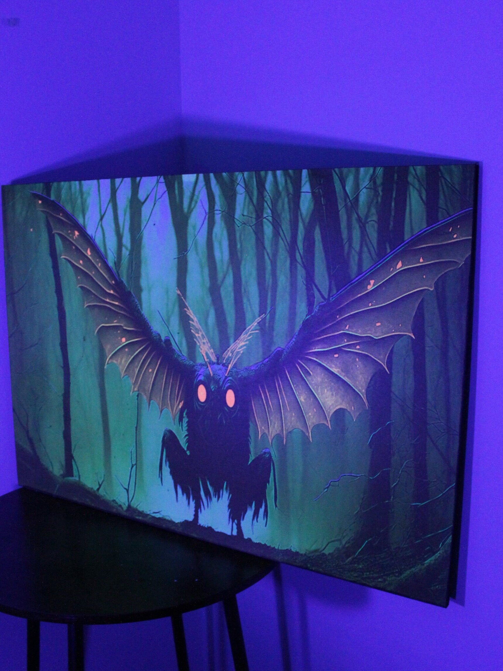 Mothman Moth man Cryptid Fluorescent Black Light Halloween Spooky Cryptic Ultraviolet Putt Putt Haunted House Outdoor Funhouse Decor Printed