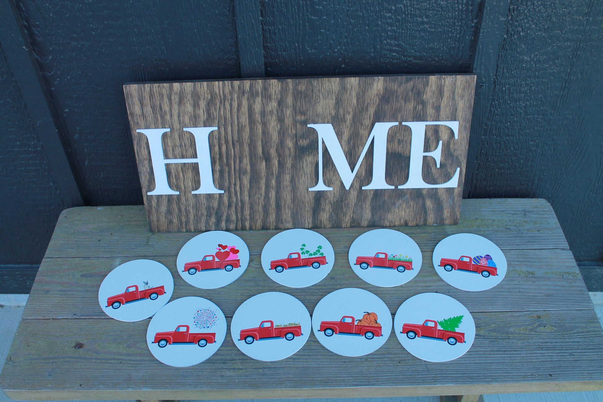 Holiday Home Sign Interchangeable Wooden Little Truck Seasonal Handmade Home Decor Christmas Halloween Fall Winter Spring Summer Pet