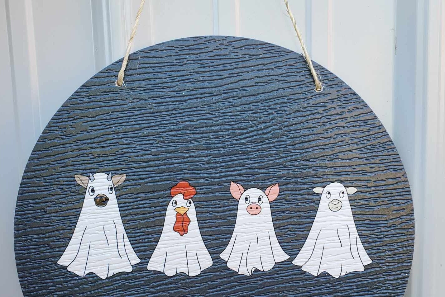 Baby Farm Animals Trick or Treat Cow Sheep Chicken Halloween Ghosts Dress Up Fall Autumn PVC Weather Proof Printed Doorhanger Outdoor