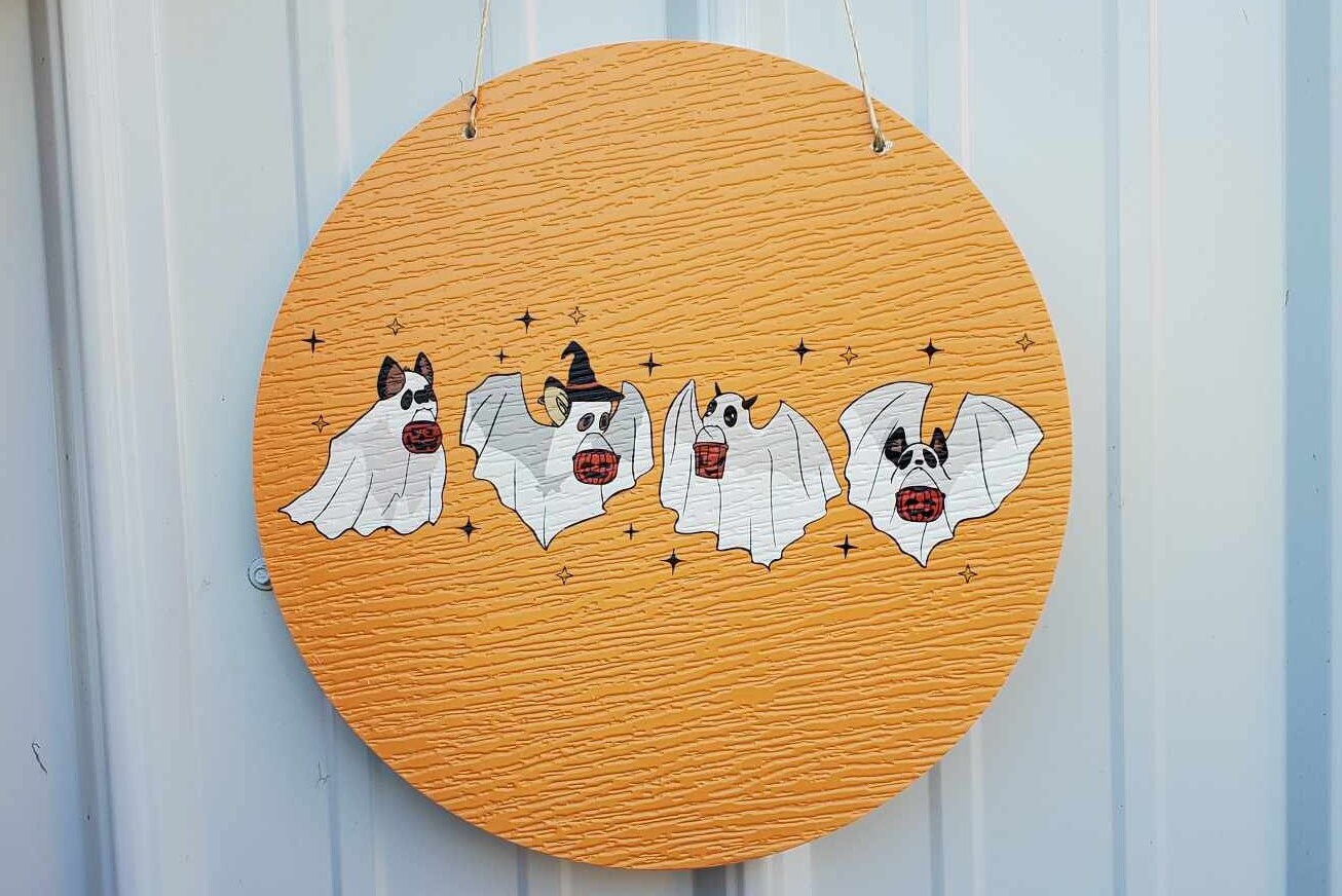 Bats Ghost Baby Farm Animals Trick or Treat Halloween Orange Dress Up Fall Autumn PVC Weather Proof Printed Doorhanger Outdoor
