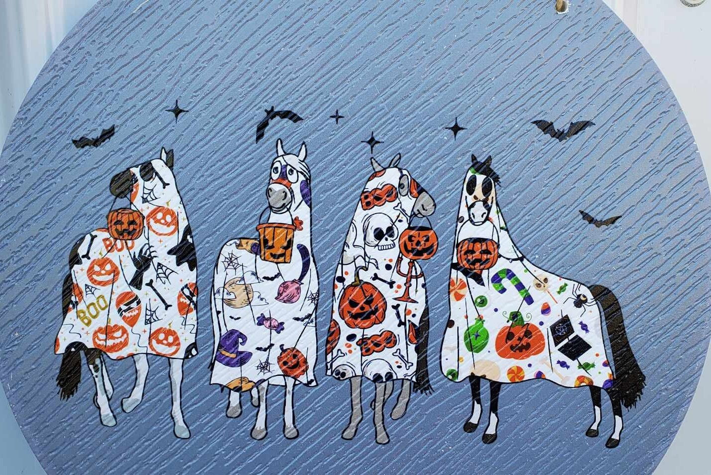 Horse Ghost Bats Pumpkin Halloween Dress Up Trick or Treat PVC Weather Proof Ultraviolet Ink Doorhanger Outdoor Use Happy Mare Horse Lovers