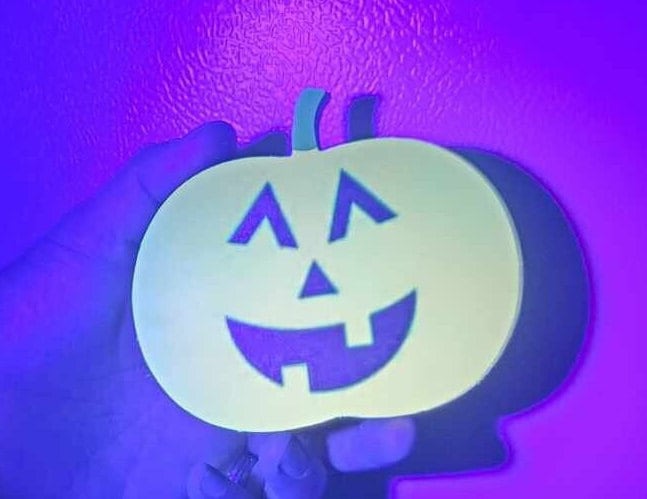 Jack o Lantern Happy Smile Teeth Pumpkin Halloween Decor Self Sitter Fluorescent Black Light Several Sizes Patch Haunted House Party PVC