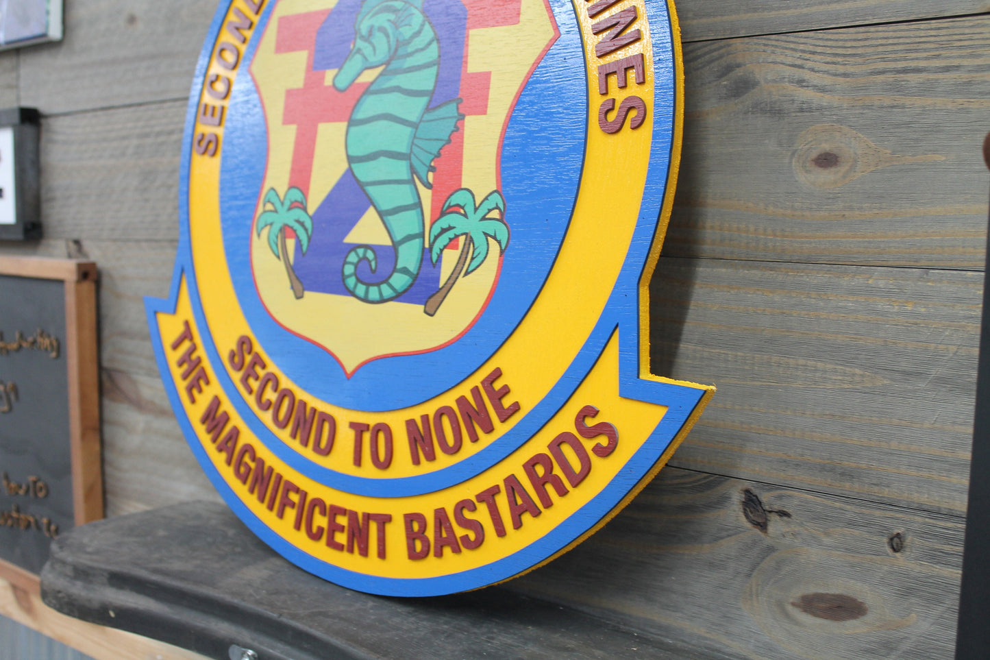 Battalion Seahorse Palm Marines Military Sheild Badge of Honor Personalize Sign Contoured Award Company 3D Made to Order Wooden Handmade