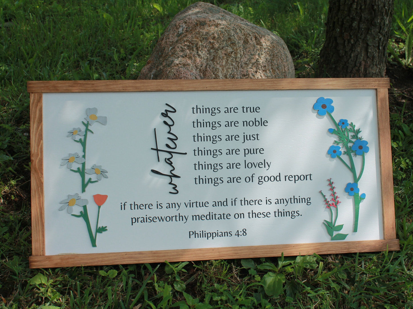 Whatever is True Philippians 4:8 Raised Blue and white flowers Uplifting Faith Bible Verse Spiritual Home Decor Handmade Remind Beauty