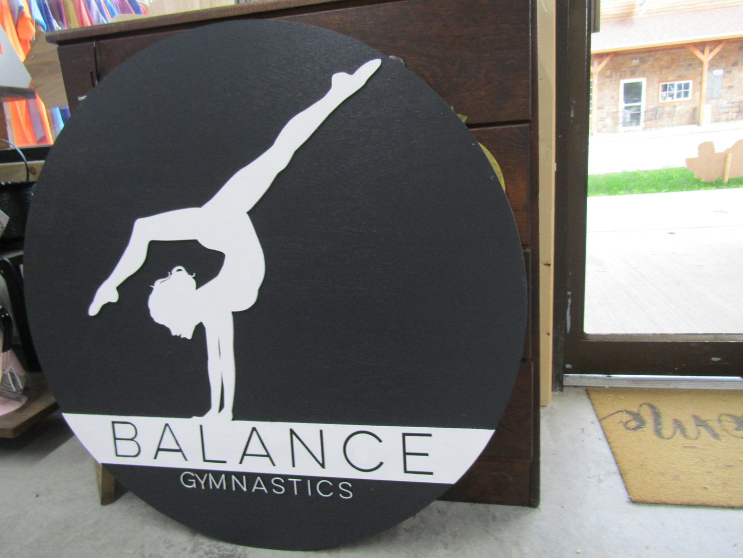Custom Gym Gymnast Gymnastic Balance Sign Round Business Signage Single Double Sided Made to Order Small Shop Logo Circle Wooden Handmade