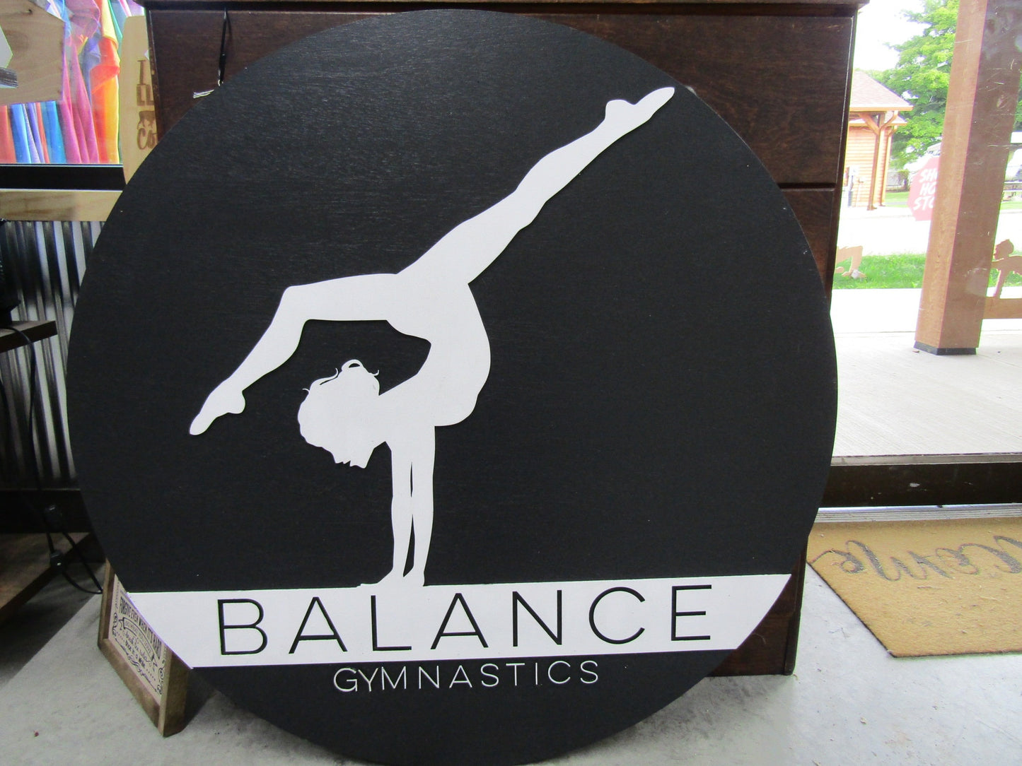 Custom Gym Gymnast Gymnastic Balance Sign Round Business Signage Single Double Sided Made to Order Small Shop Logo Circle Wooden Handmade