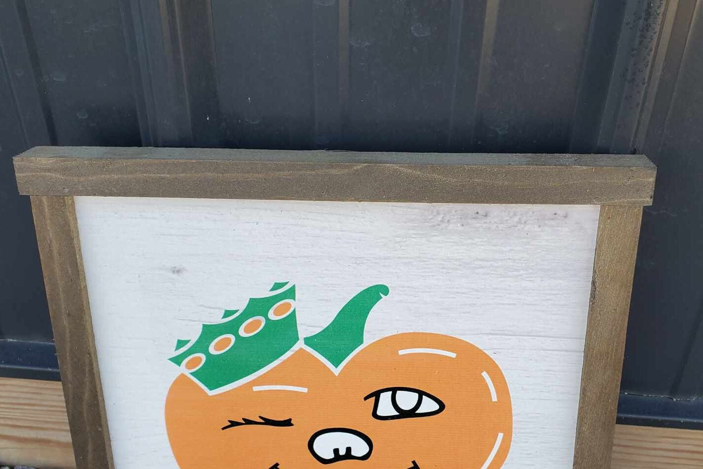 Hometown Winky Pumpkin Circleville Round Town Small Town Home Decor Mascot Farm Orange and Green White Wash Wooden Wood Smile Happy Handmade