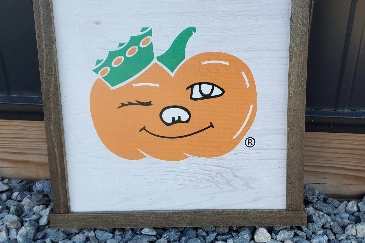 Hometown Winky Pumpkin Circleville Round Town Small Town Home Decor Mascot Farm Orange and Green White Wash Wooden Wood Smile Happy Handmade