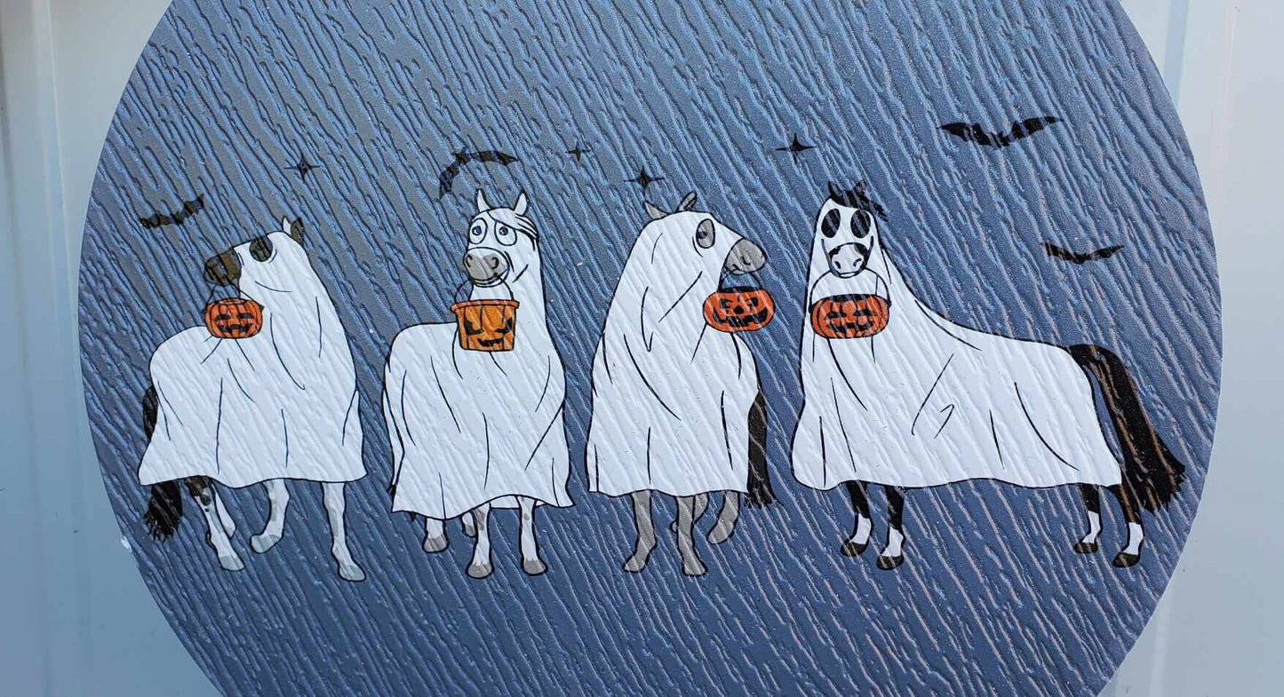 Halloween Ghosts Horses Farm Dress Up Trick or Treat PVC Weather Proof Ultraviolet Ink Doorhanger Outdoor Use Happy Mare Horse Lovers