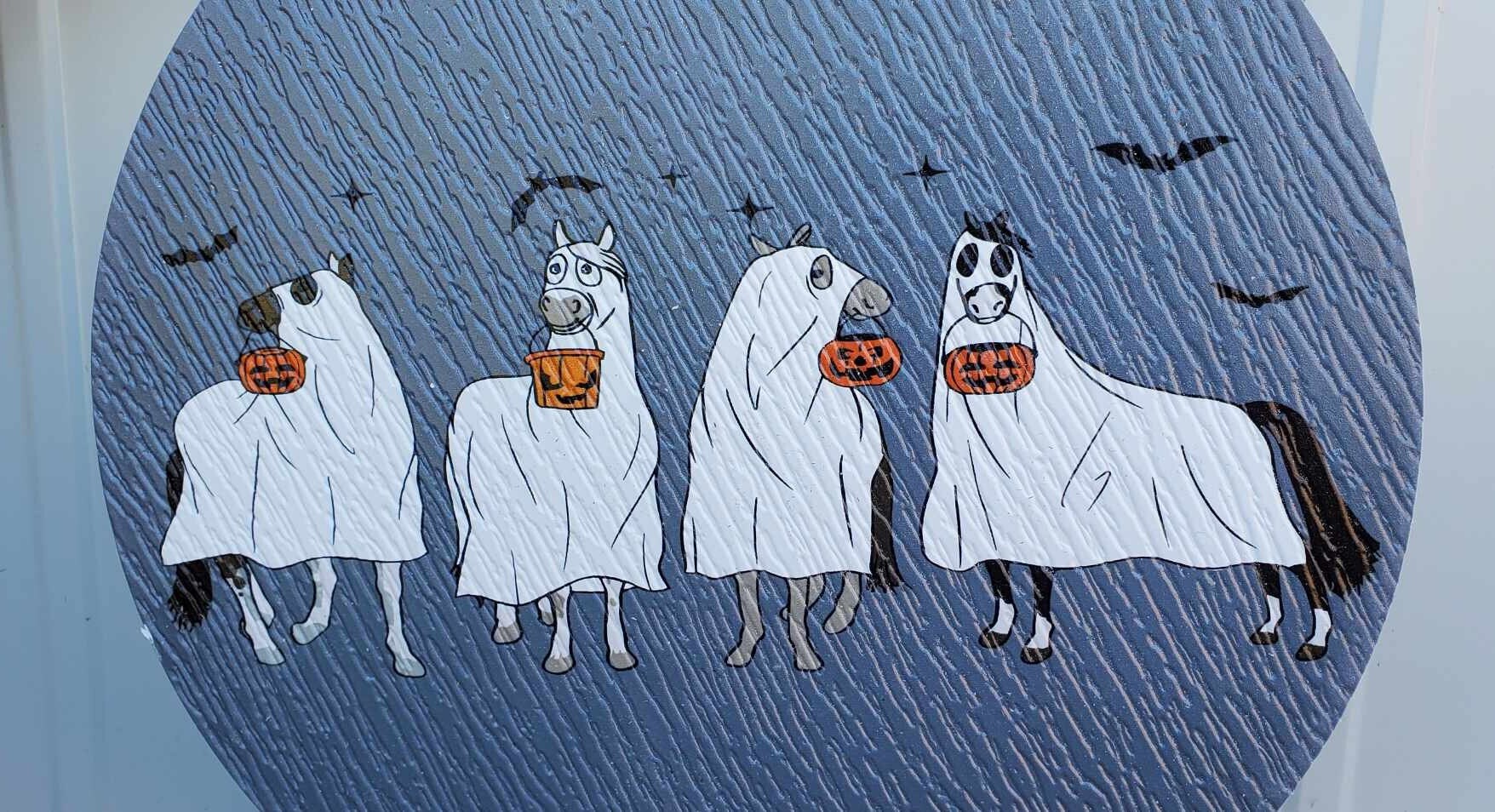 Halloween Ghosts Horses Farm Dress Up Trick or Treat PVC Weather Proof Ultraviolet Ink Doorhanger Outdoor Use Happy Mare Horse Lovers