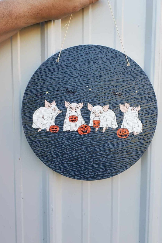 Pigs Piglets Ghost Baby Farm Animals Trick or Treat Halloween Dress Up Fall Autumn PVC Weather Proof Printed Doorhanger Outdoor