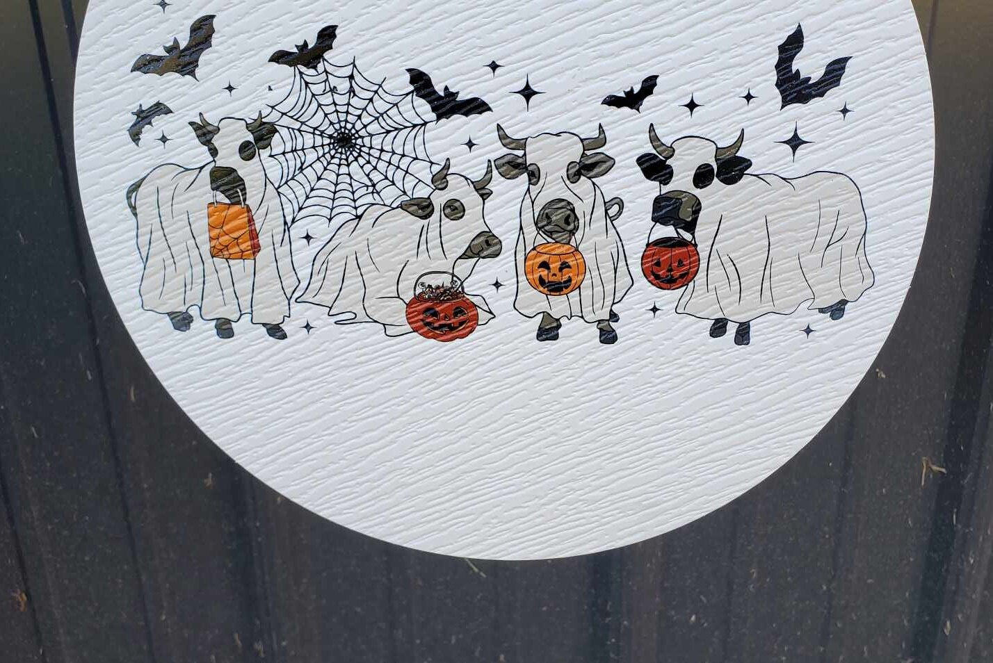 Cows Dress up Costume Ghost Bats Cow Lovers Porch Pumpkin Halloween Trick or Treat PVC Weatherproof Ultraviolet Ink Doorhanger Outdoor Use
