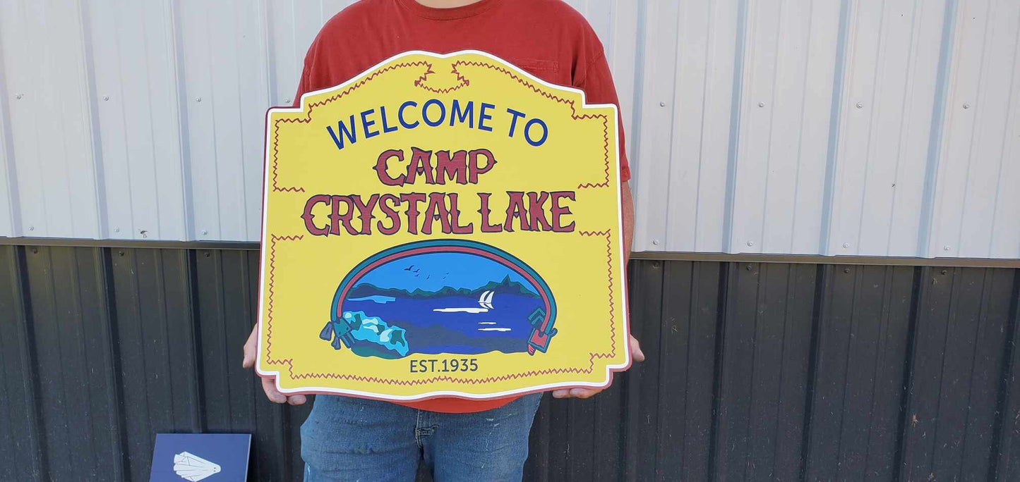 Camp Gem Welcome to Crystal Yellow Printed on Wood Decoration Prop Uv Lake Sign Giftable Horror Wooden Game Room Gift for Men Replica