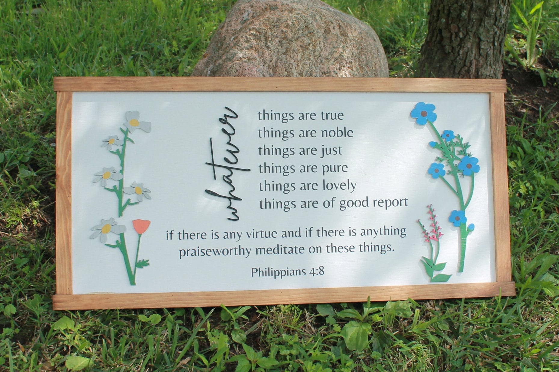 Whatever is True Philippians 4:8 Raised Blue and white flowers Uplifting Faith Bible Verse Spiritual Home Decor Handmade Remind Beauty